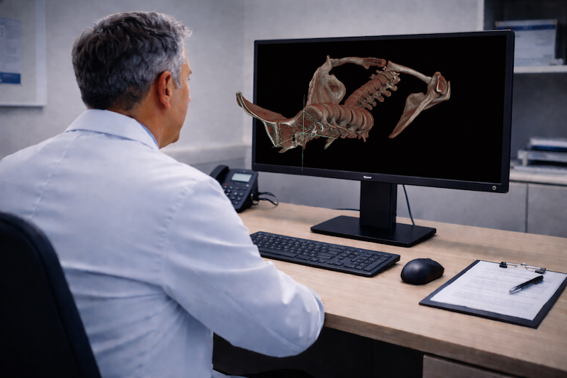 3D monitor displaying skull anatomy
